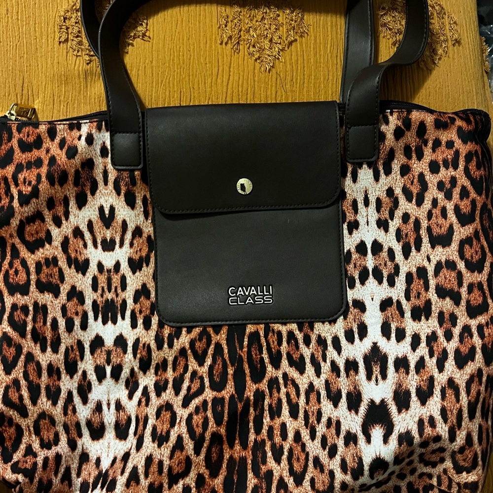 Cavalli Class Black and Brown Leopard Tote